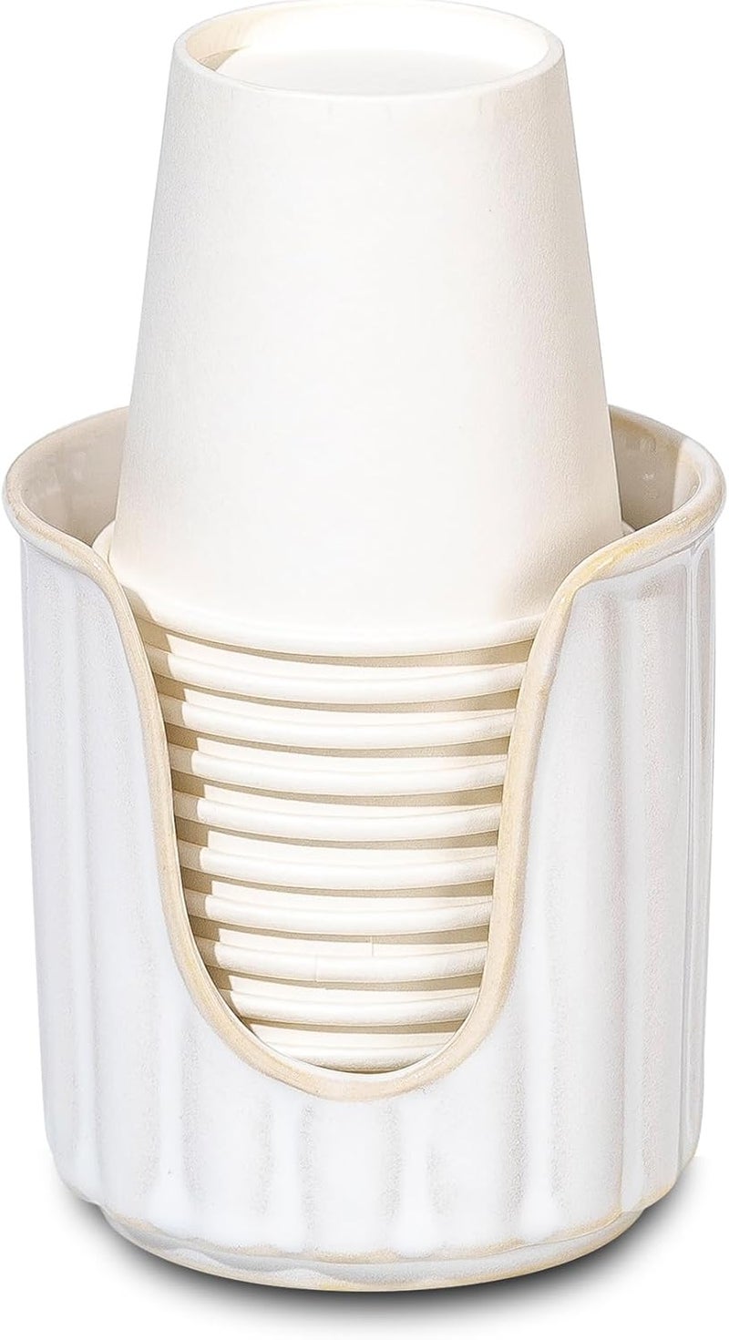 TANEW Ceramic Bathroom Cup Dispenser with Stylish Vertical Stripes - Dixies Cup Dispenser Mouthwash Cup Holder Holds 3oz Paper Cups for Rinsing Cups on Bathroom Vanity Countertops Reactive Glaze White - Image 1